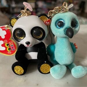 Ty Beanie Mini Boo William & Chi (flamingo & panda) Keychain Key Ring - both NWT